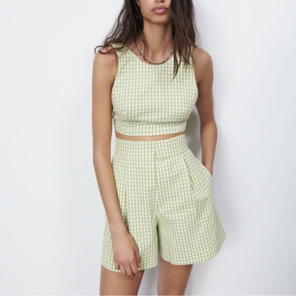 Zara Green Gingham Crop Top and Shorts SET